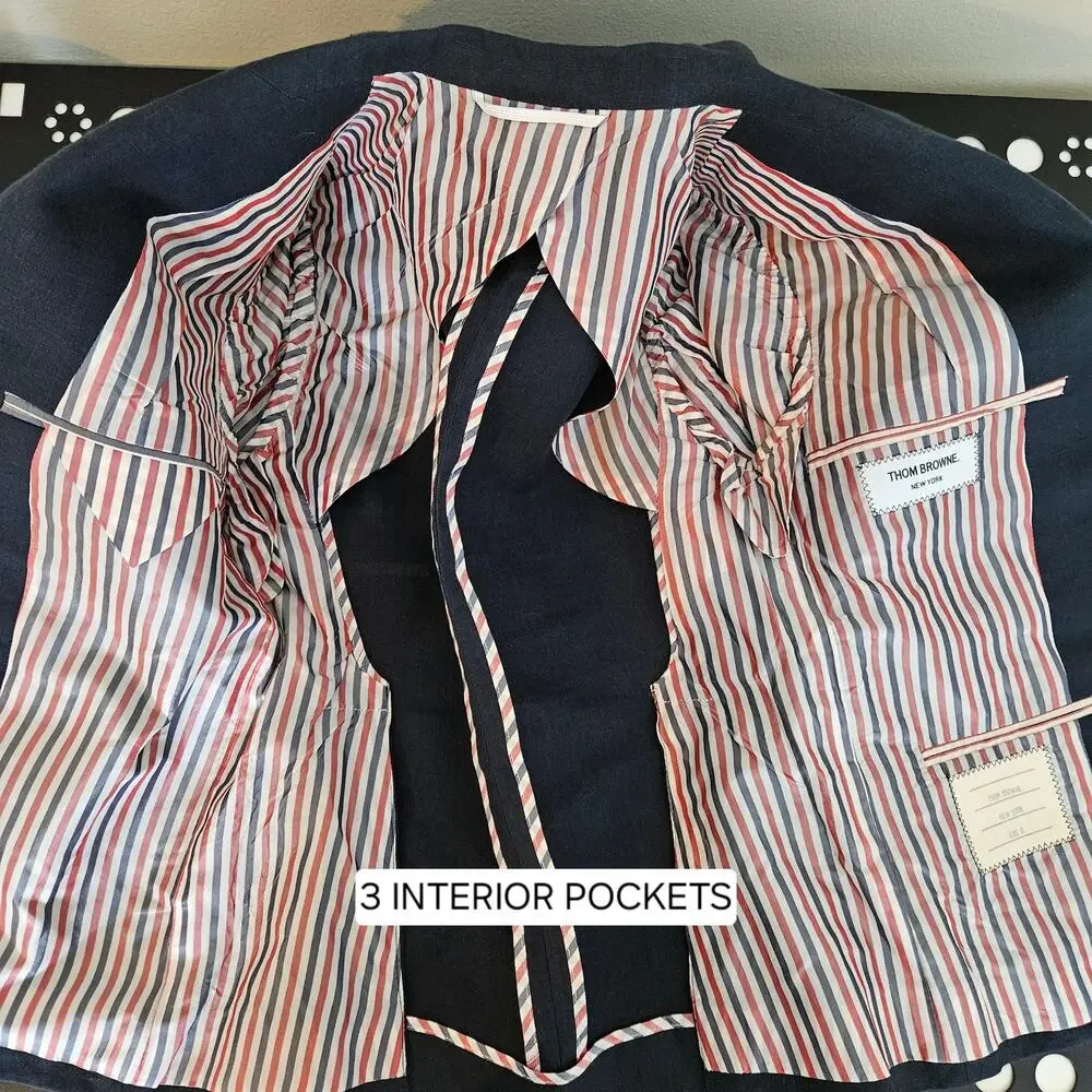 Thom Browne Women's Navy Blue Linen Nautical Blazer Jacket | Size‎ 0 | FLAWS
